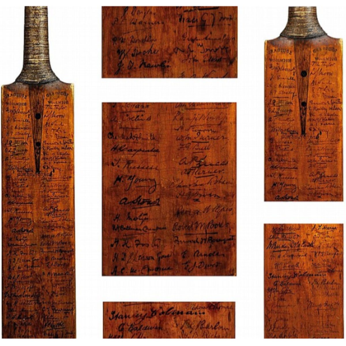 The Golden Age cricket bat, with close-up detail of its signatures
